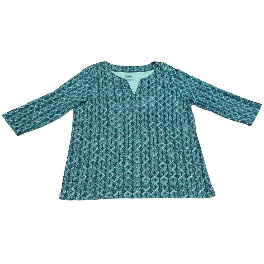 LL Bean Womens Large Supima Cotton Split Neck 3/4 Sleeve Teal Diamond Print Top